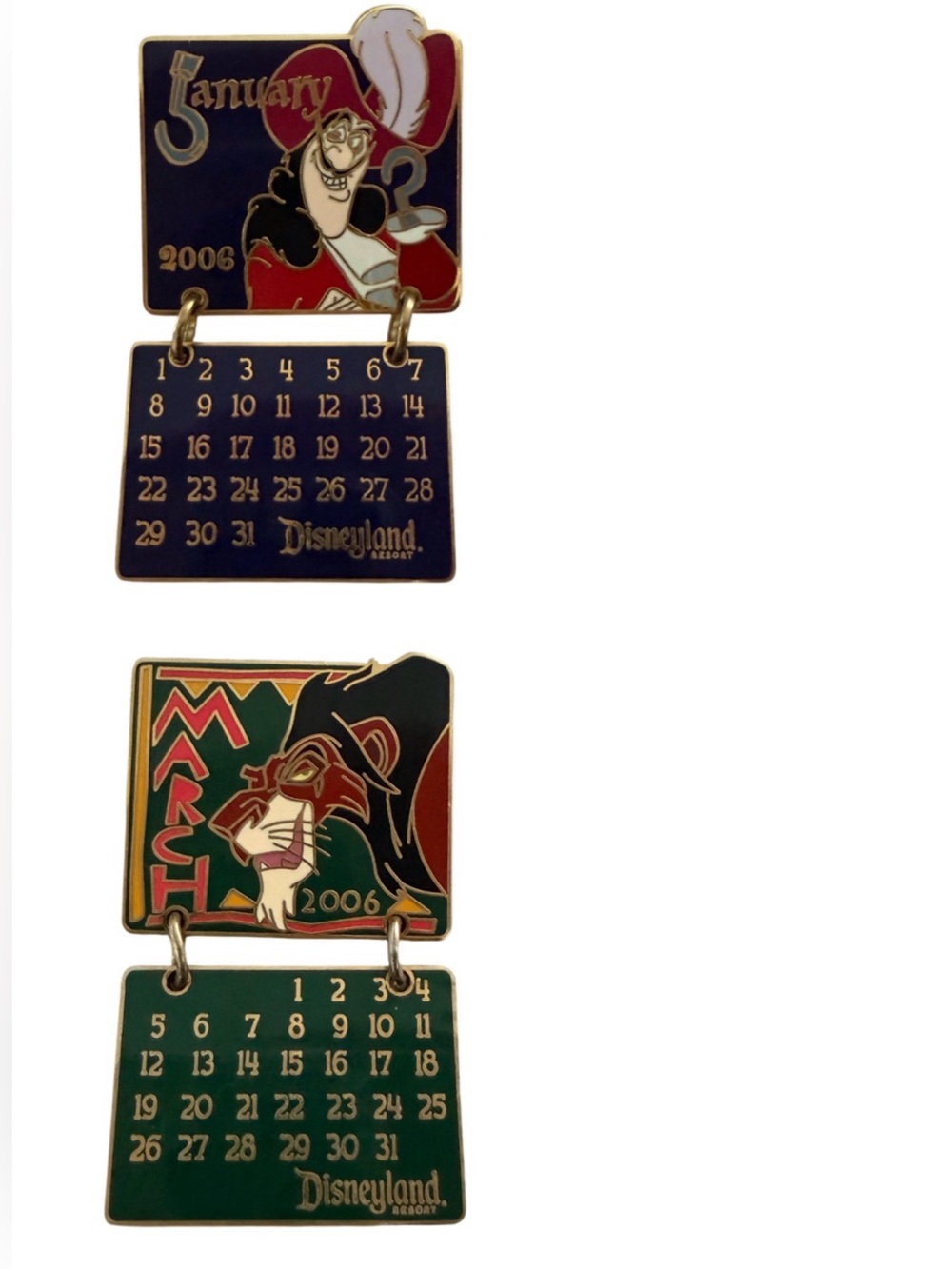 Disney Pins Set of 2 Calendar Dangle Captain Hook Jan 2006 Scar Mar 2006 LE 1000